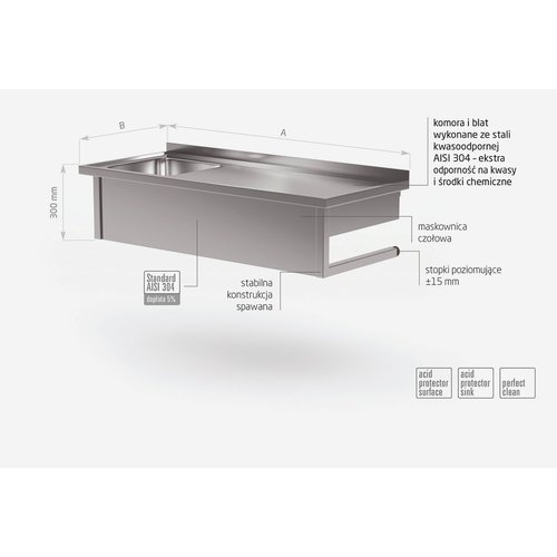INOXI Stół wiszący ze stali nierdzewnej ze zlewem - komora po lewej stronie | 800x700x(h)300 mm