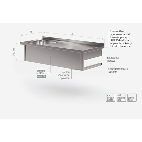 Stół wiszący ze stali nierdzewnej ze zlewem - komora po lewej stronie | 1000x600x(h)300 mm