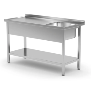 Skręcany stół ze stali nierdzewnej z jednym zlewem z półką - prawy | 1000x600x(h)850 mm