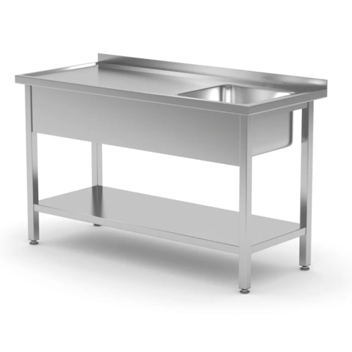 Skręcany stół ze stali nierdzewnej z jednym zlewem z półką - prawy | 1000x600x(h)850 mm