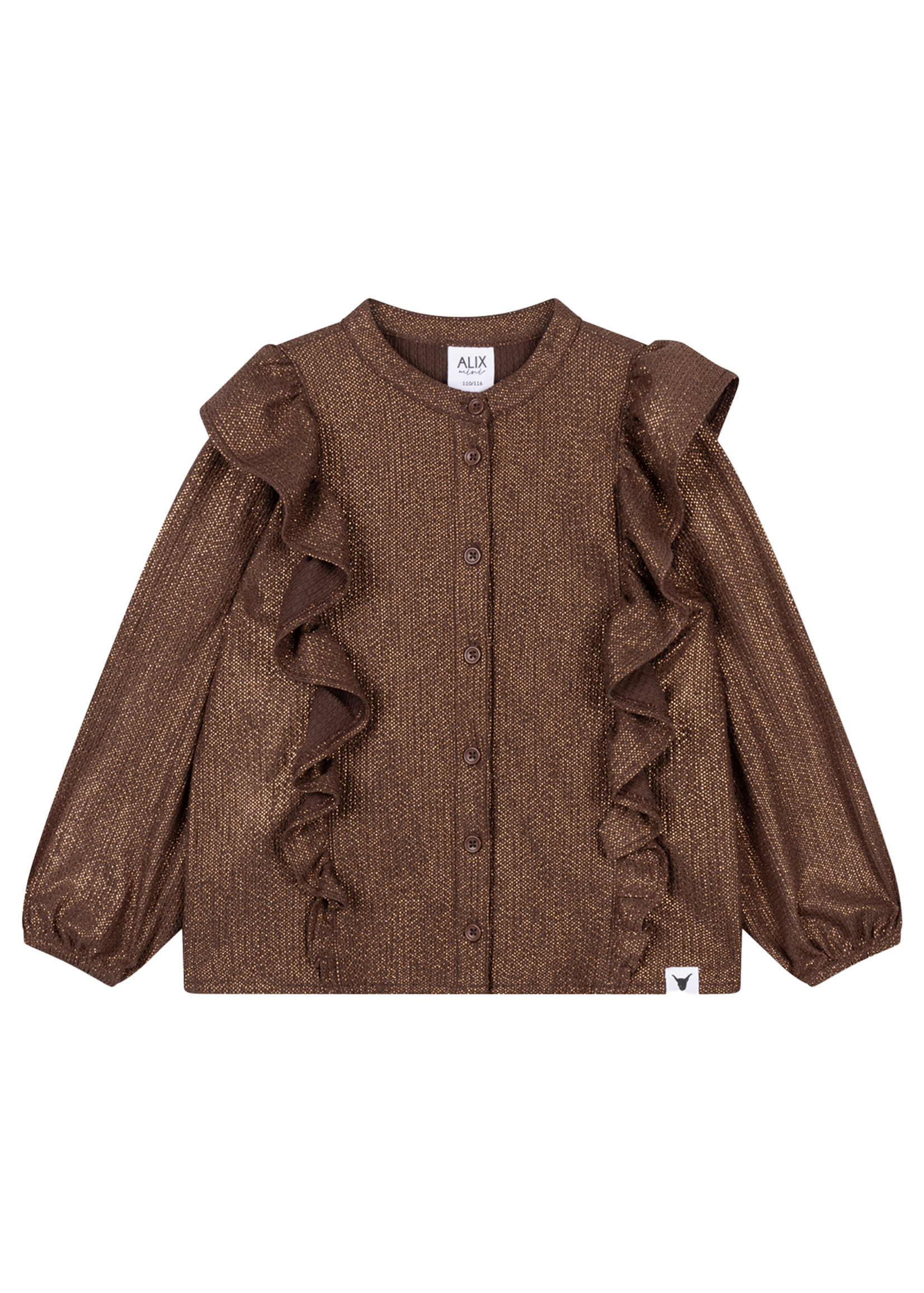 Alix Mini Knitted Shiny Ruffle Blouse | Warm Brown