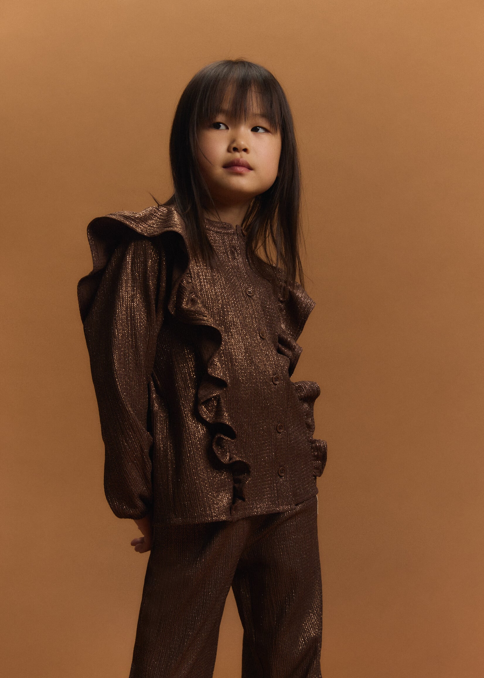 Alix Mini Knitted Shiny Ruffle Blouse | Warm Brown