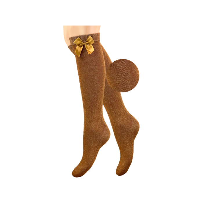 Meisjes Kniekous - Zijde Strikje - Glitter - Caramel