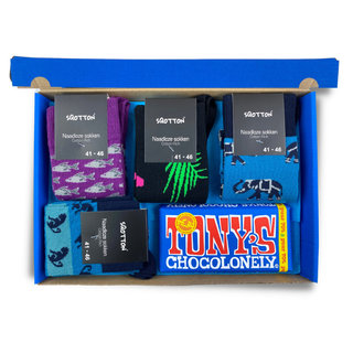 Vrolijke sokken met chocolade Giftbox Tropical Blauw