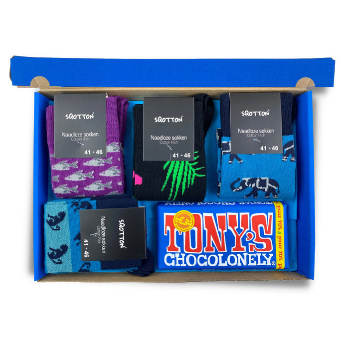 Vrolijke sokken met chocolade Giftbox Tropical Blauw