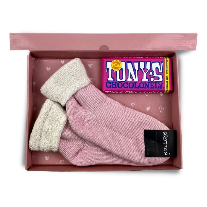 Merino wollen huissok met chocolade Cadeaupakket Roze