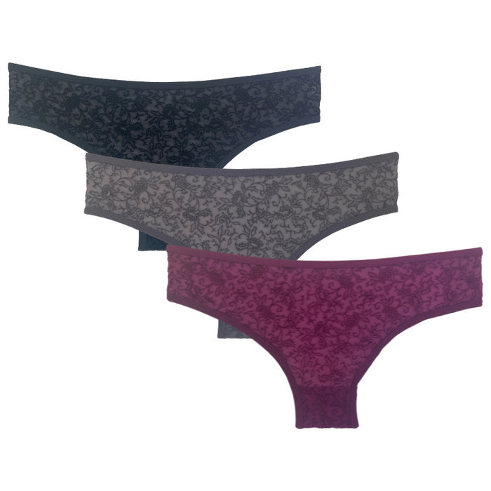 3 stuks Dames slips bloemen zwart-grijs-paars