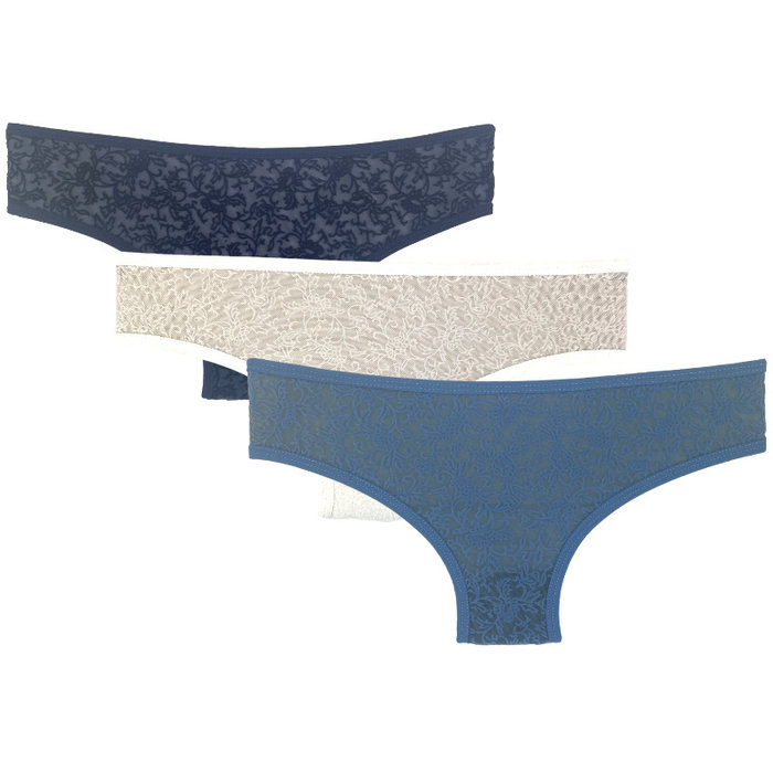3 stuks Dames slips bloemen marineblauw-ecru-lichtblauw
