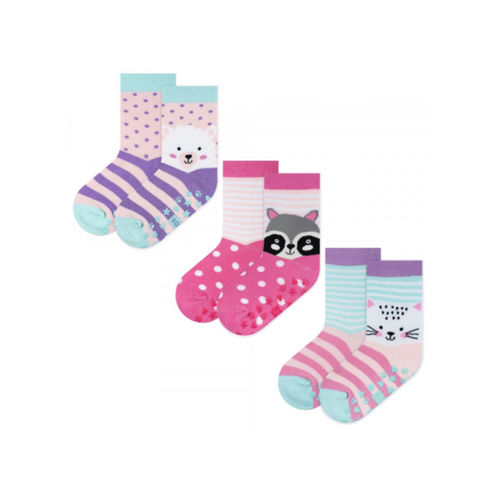 3 Paar Meisjes Babysokken Antislip  Diertjes Lichtroze/Fuchsia