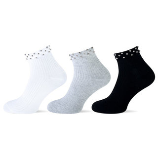 3 paar Damessokken met kraaltjes rib wit/grijs/zwart
