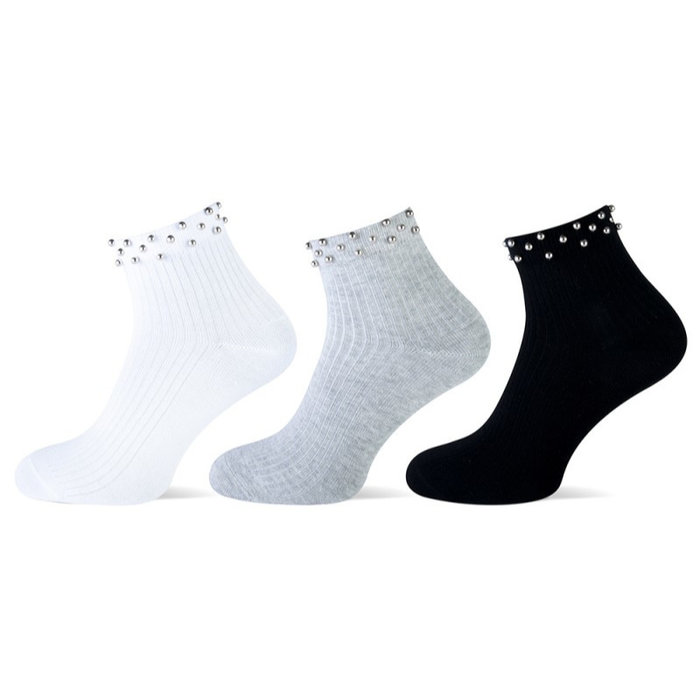 3 paar Damessokken met kraaltjes rib wit/grijs/zwart