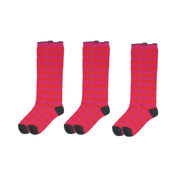 3 paar Dames kniekousen badstof gestreept fuchsia-rood
