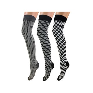 3 paar Overknee kousen grafisch zwart/grijs/wit