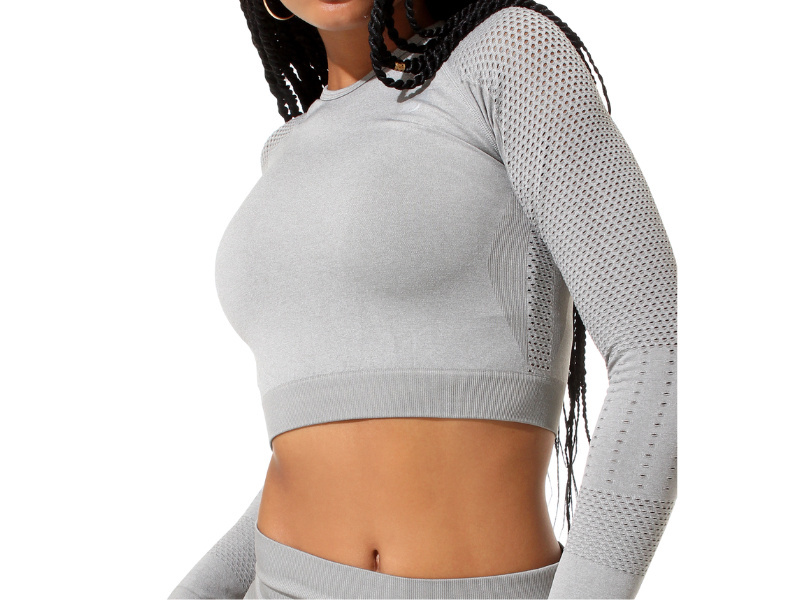 Dames sport crop top lange mouwen grijs melange