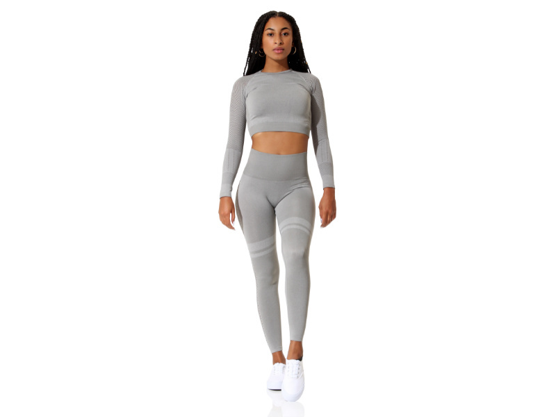 Dames sport crop top lange mouwen grijs melange