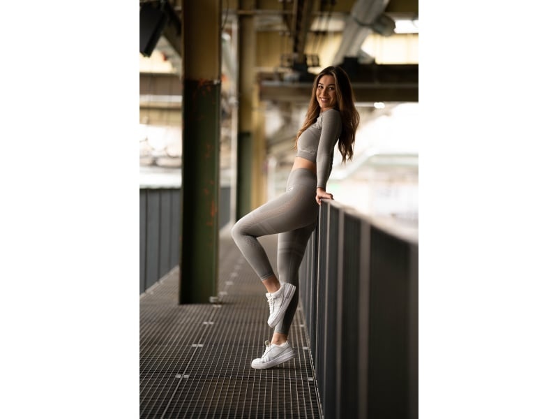 Dames sport crop top lange mouwen grijs melange