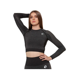 Dames sport crop top lange mouwen zwart melange