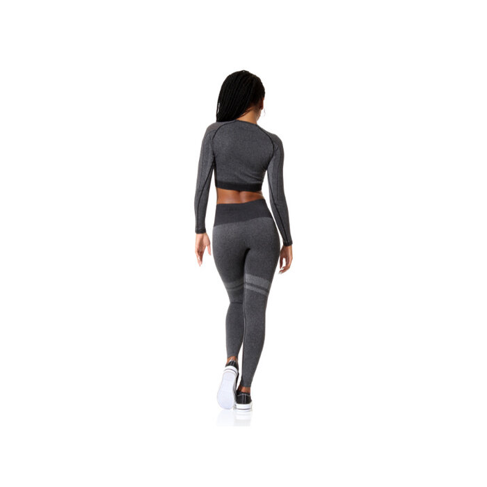 Dames sport crop top lange mouwen zwart melange