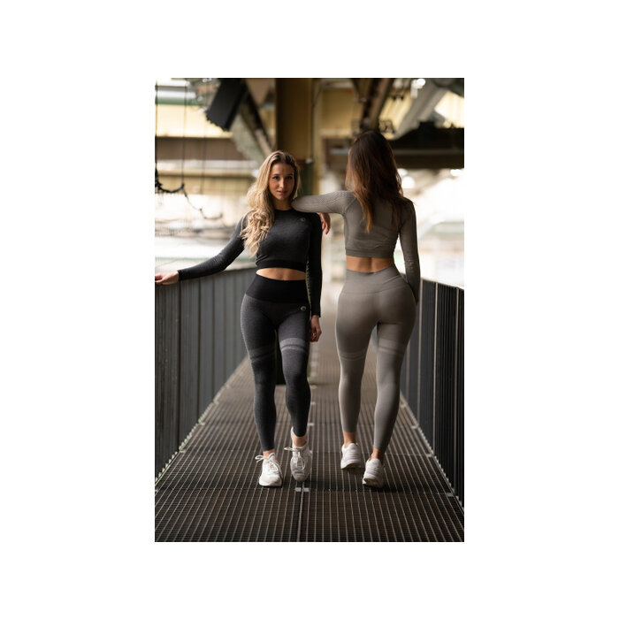 Dames sport crop top lange mouwen zwart melange