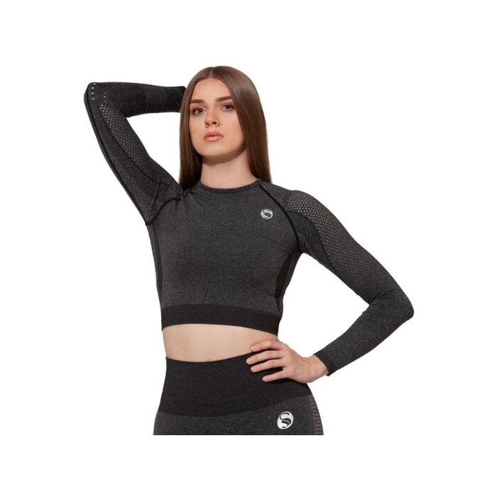 Dames sportkleding sportset luchtdoorlatend zwart melange