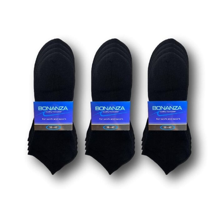 12 paar Bonanza sneakersokken basic platte naad zwart