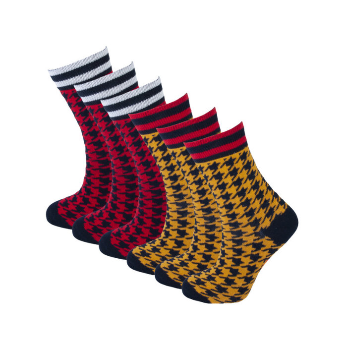 6 Paar meisjes sokken pied de poule motief - Rood/Oker