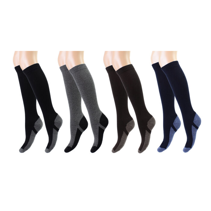 4 paar Kniekousen badstof zool zwart-Grijs-Bruin-Marine