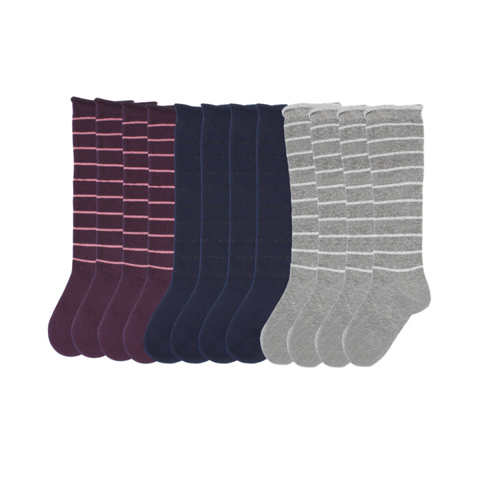6 paar Kniekousen glitter gestreept Paars-Marine-Grijs