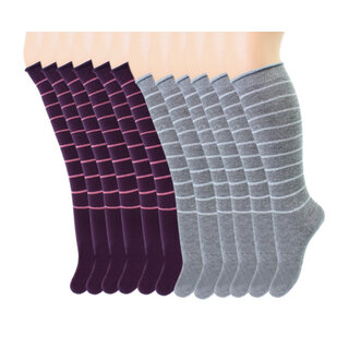 6 paar Kniekousen glitter gestreept Paars-Grijs