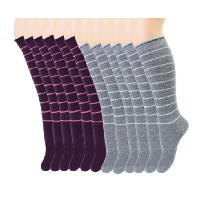 6 paar Kniekousen glitter gestreept Paars-Grijs