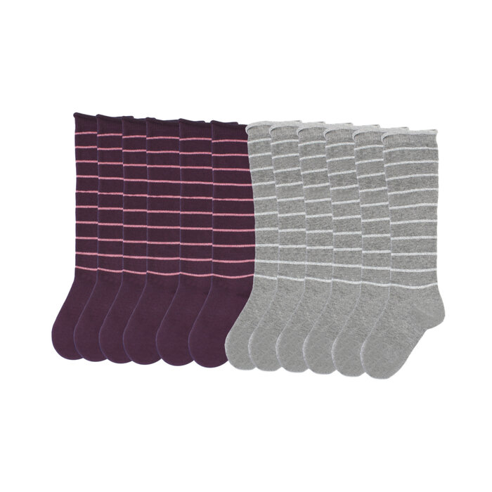 6 paar Kniekousen glitter gestreept Paars-Grijs
