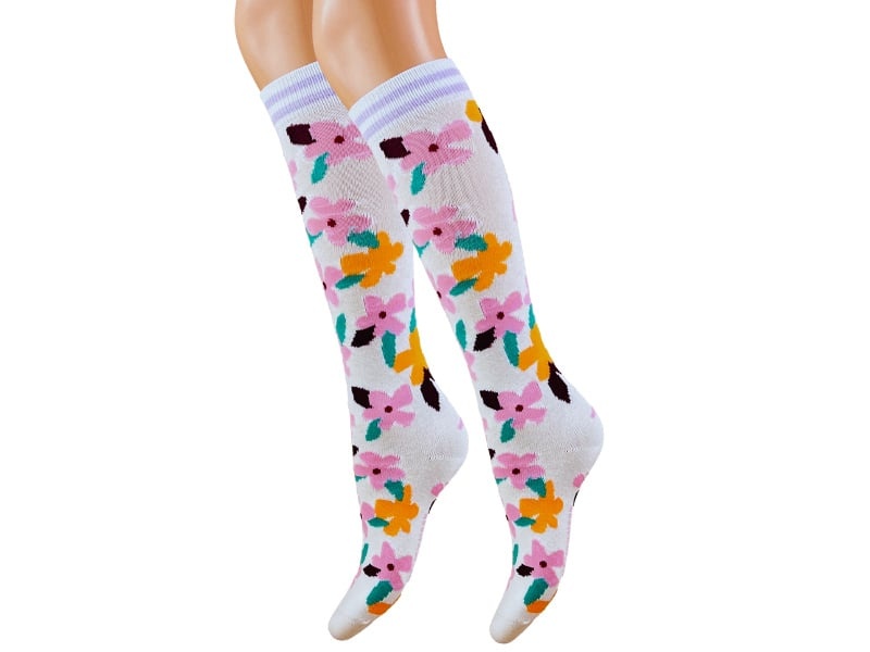 Meisjes Kniekous bloemen wit