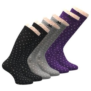 6 paar Kniekousen girls kant/Stip/Strik zwart-grijs-paars