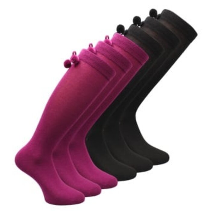 6 paar Kniekousen girls pompon zwart-paars