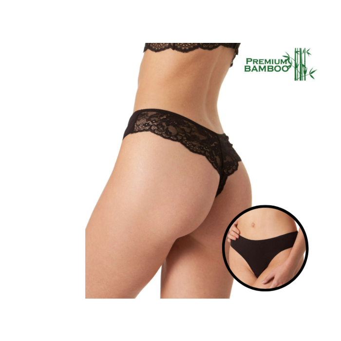 Dames string met kanten achterkant 3 stuks Bamboe Zwart
