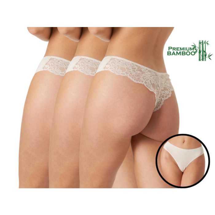 Dames string met kanten achterkant 3 stuks Bamboe Champagne
