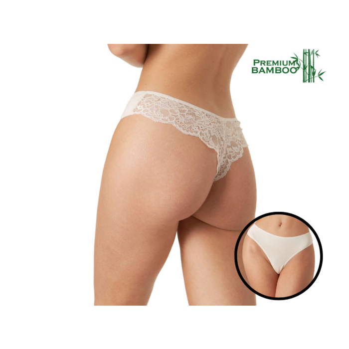 Dames string met kanten achterkant 3 stuks Bamboe Champagne
