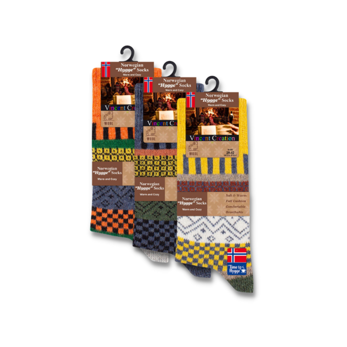3 paar Noorse wollen sokken Hygge Gemixt Blauw/Geel/Oranje
