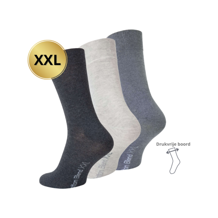 3 paar  XXL Herensokken Drukvrije boord Grijs mix