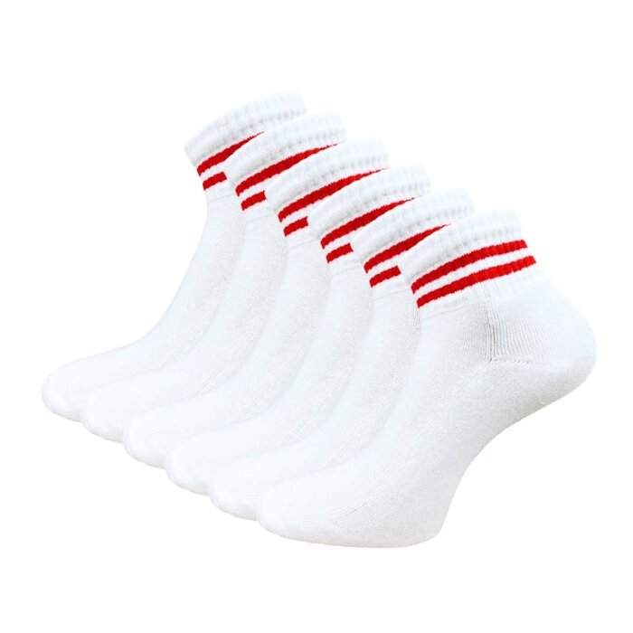6 paar Badstof Quarter Sneakersokken Gestreept Wit-Rood