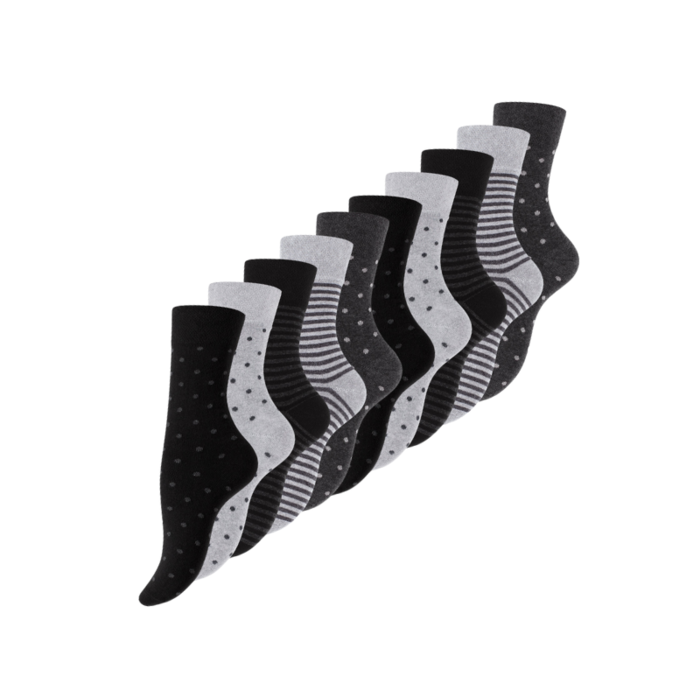 10 paar Damessokken Dots Stripes Zwart/Grijs-mix