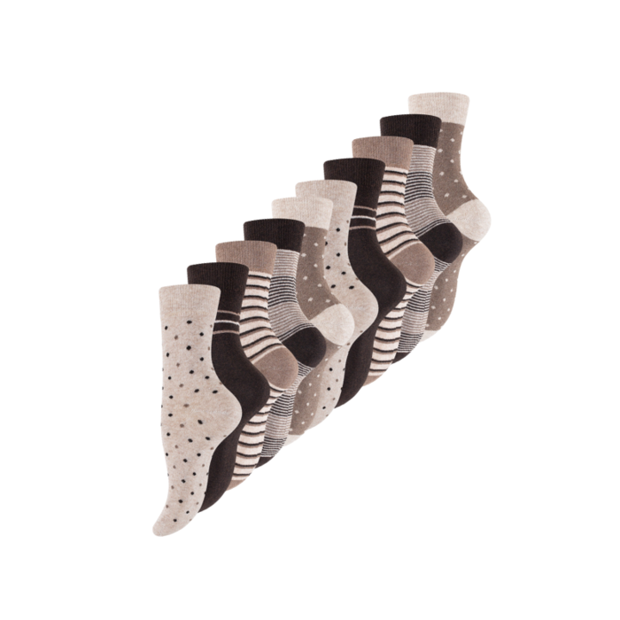 10 paar Damessokken Dots Stripes Bruin/Beige-mix