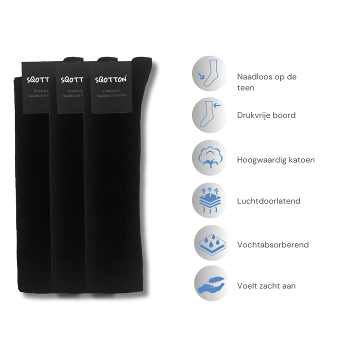 3 paar Katoenen kniekousen Naadloos Drukvrije boord Zwart