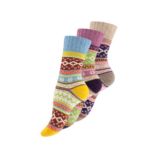 3 paar Noorse wollen sokken Hygge Gemixt Ecru/Roze/Blauw