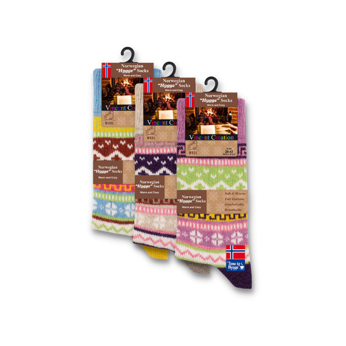 3 paar Noorse wollen sokken Hygge Gemixt Ecru/Roze/Blauw