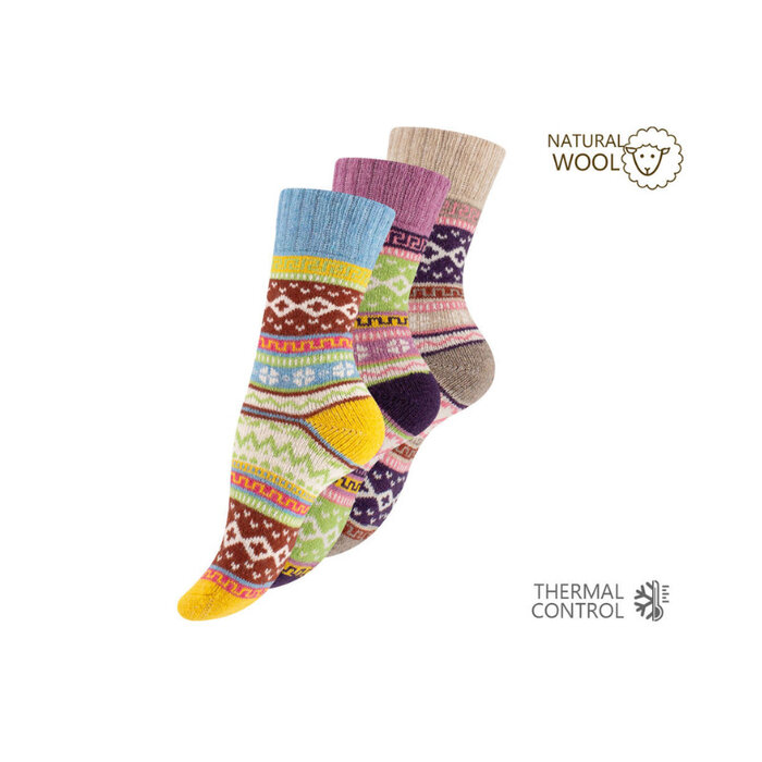 3 paar Noorse wollen sokken Hygge Gemixt Ecru/Roze/Blauw