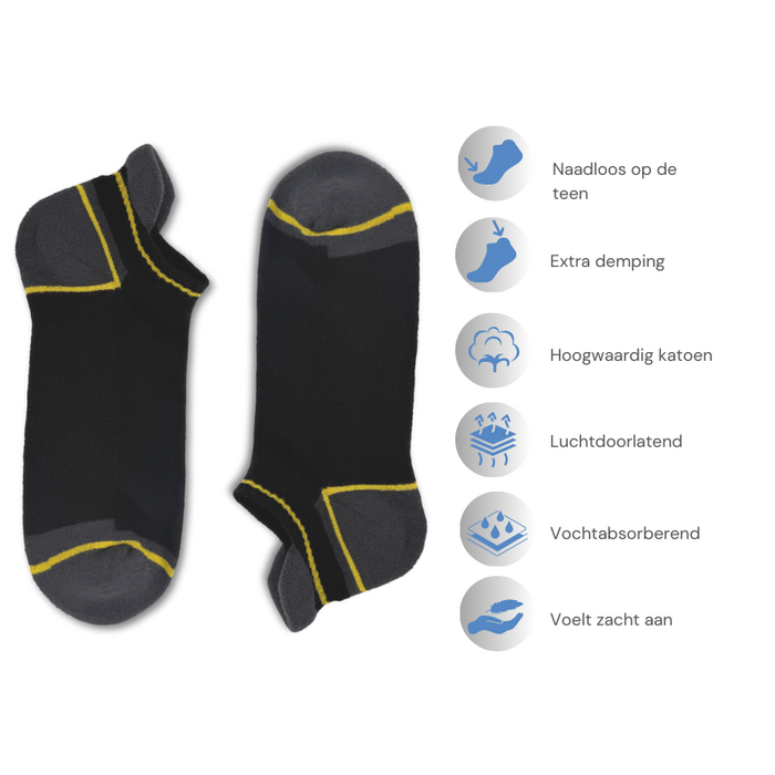 6 paar Lage Werksokken met Badstofvoering en Lipje Naadloos Zwart