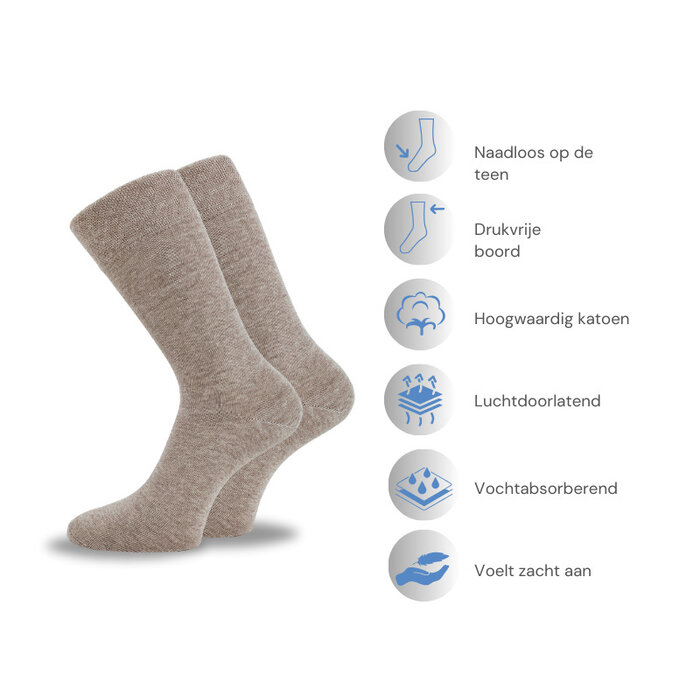 6 paar Katoenen Diabetessokken Drukvrije boord Naadloos Bruin/Beige mix