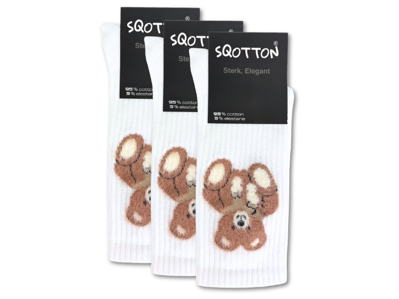 3 paar Katoenen damessokken Naadloze sokken Teddybeer Wit