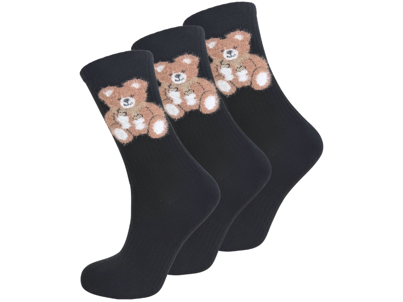 3 paar Katoenen damessokken Naadloze sokken Teddybeer Zwart